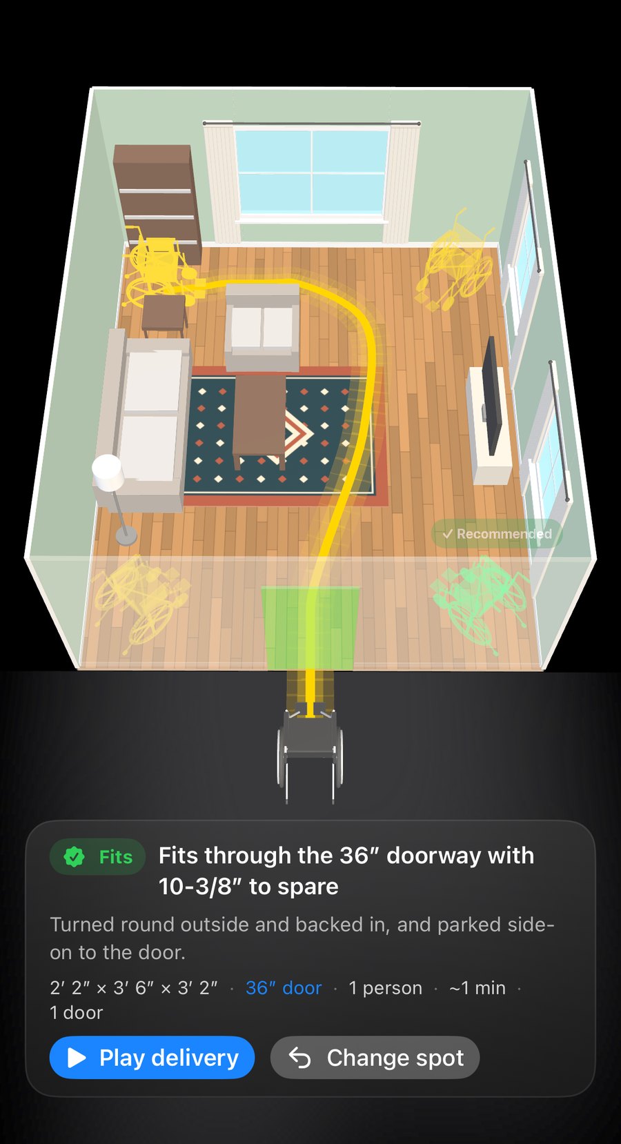 The verdict card: Fits through the 36 inch doorway with 10-3/8 inches to spare